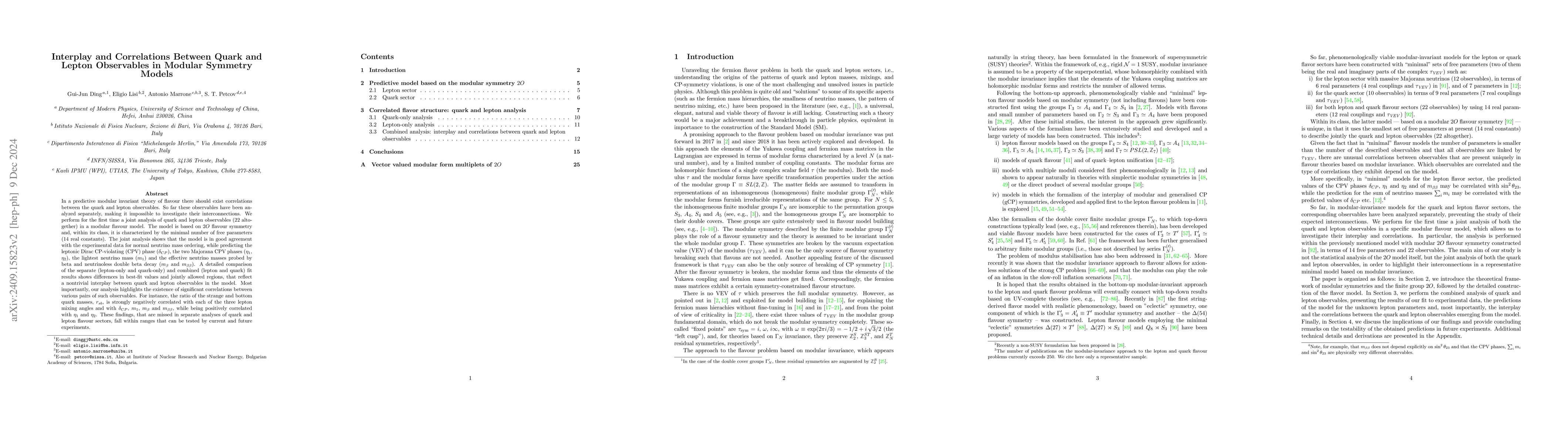 Thumbnail for Interplay and Correlations Between Quark and Lepton Observables in
  Modular Symmetry Models