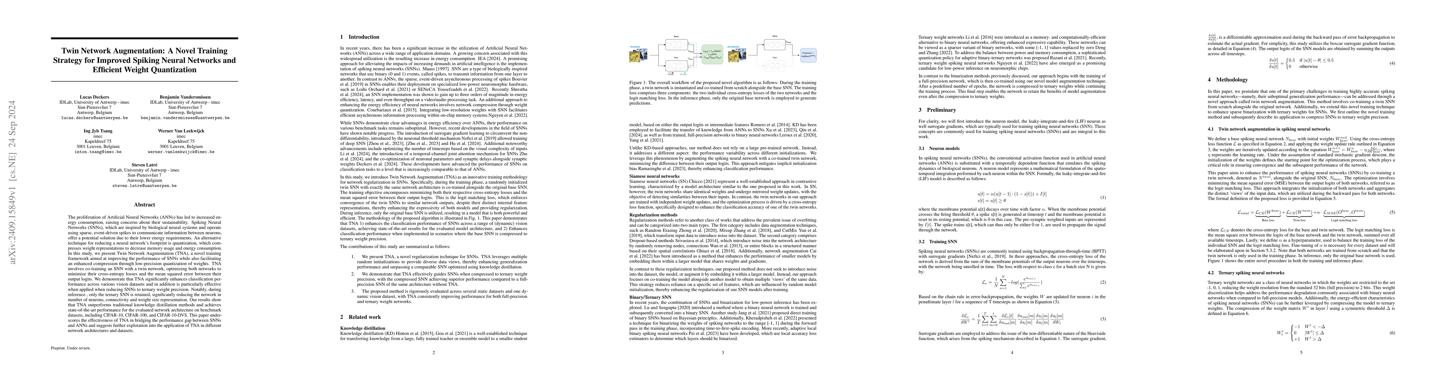 Thumbnail for Twin Network Augmentation: A Novel Training Strategy for Improved
  Spiking Neural Networks and Efficient Weight Quantization