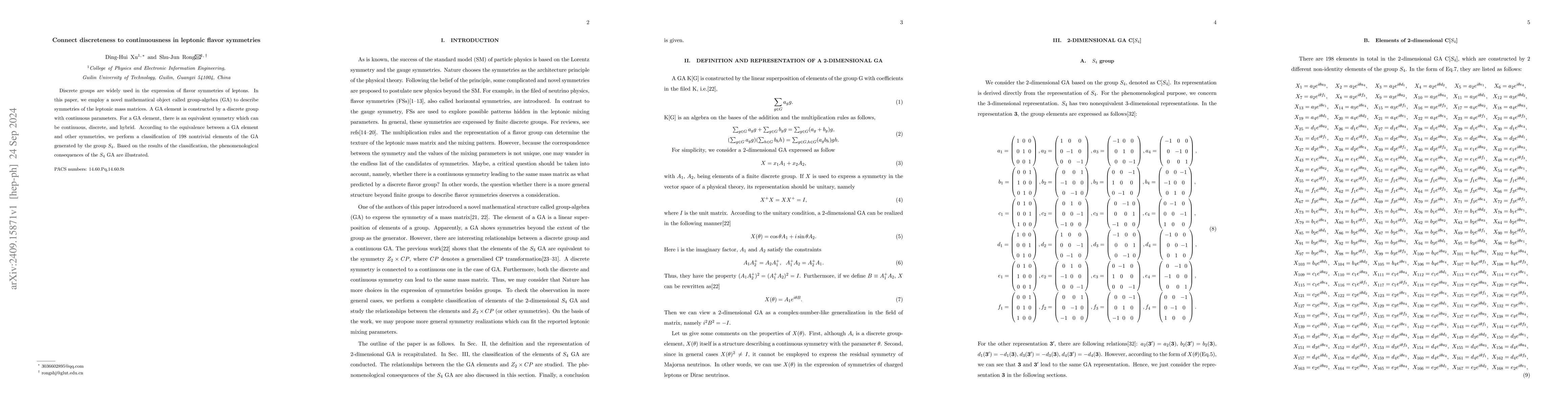 Thumbnail for Connect discreteness to continuousness in leptonic flavor symmetries