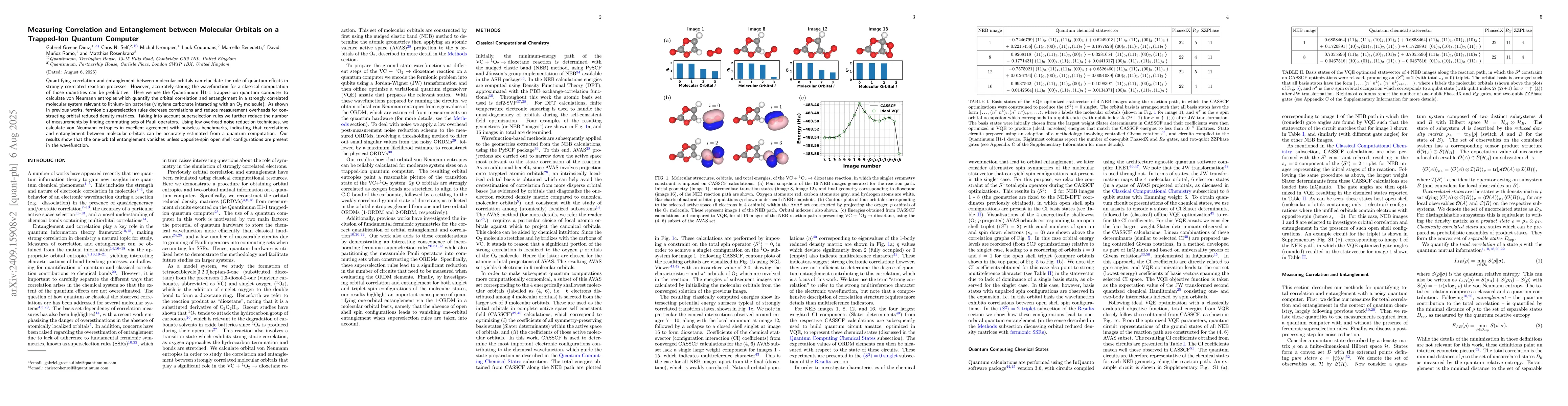 Thumbnail for Measuring Correlation and Entanglement between Molecular Orbitals on a
  Trapped-Ion Quantum Computer