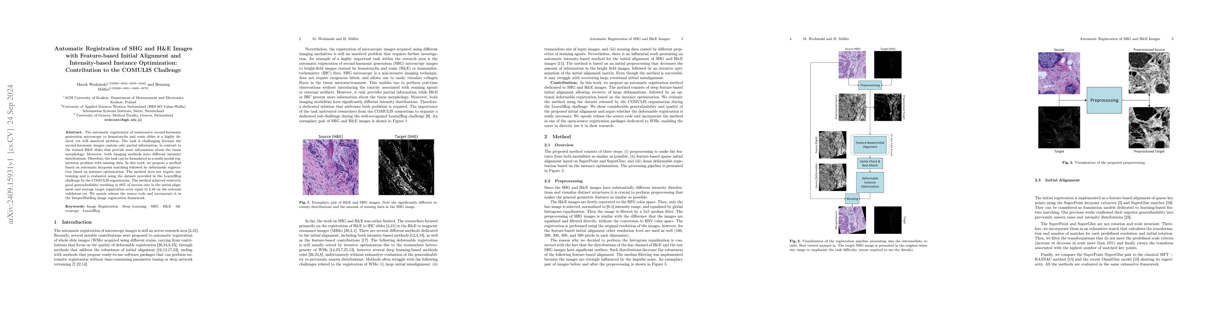 Thumbnail for Automatic Registration of SHG and H&E Images with Feature-based Initial
  Alignment and Intensity-based Instance Optimization: Contribution to the
  COMULIS Challenge