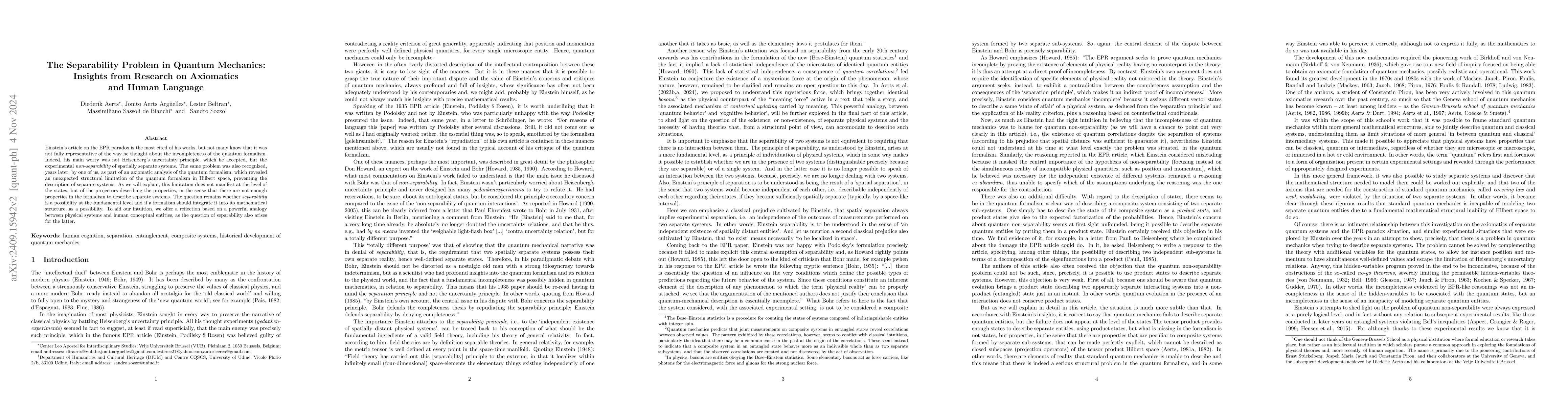 Thumbnail for The Separability Problem in Quantum Mechanics: Insights from Research on
  Axiomatics and Human Language