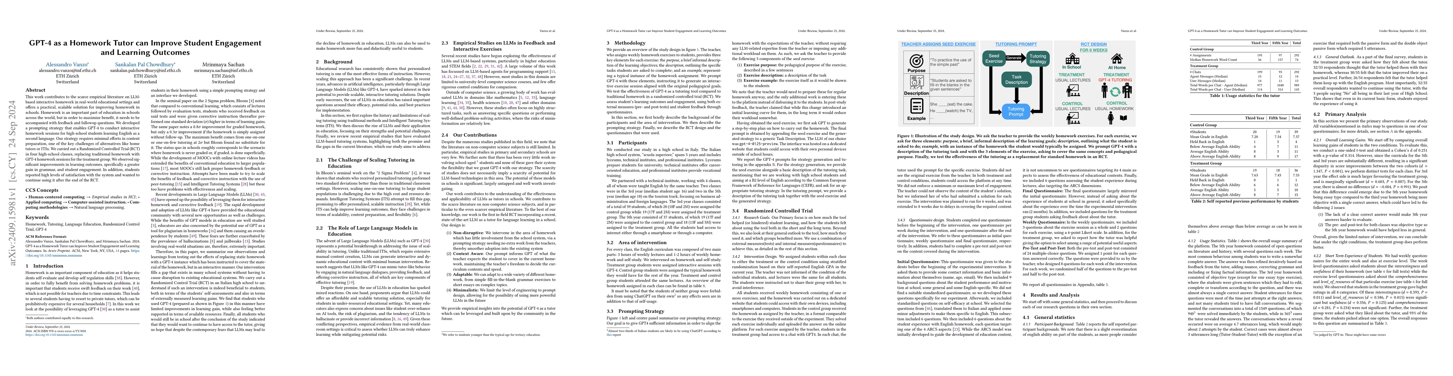 Thumbnail for GPT-4 as a Homework Tutor can Improve Student Engagement and Learning
  Outcomes