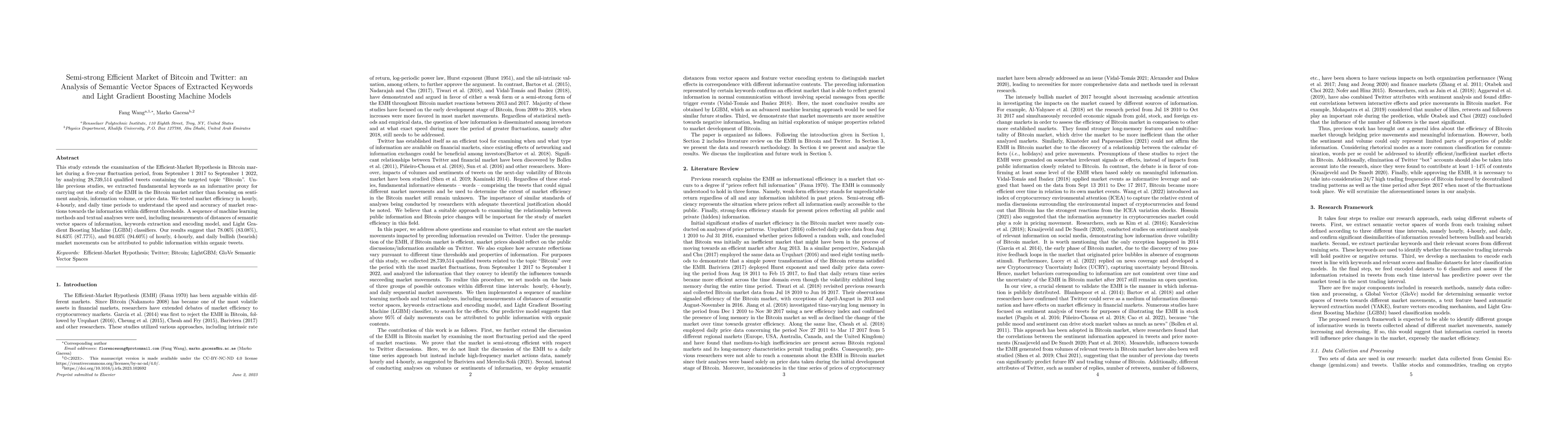 Thumbnail for Semi-strong Efficient Market of Bitcoin and Twitter: an Analysis of
  Semantic Vector Spaces of Extracted Keywords and Light Gradient Boosting
  Machine Models