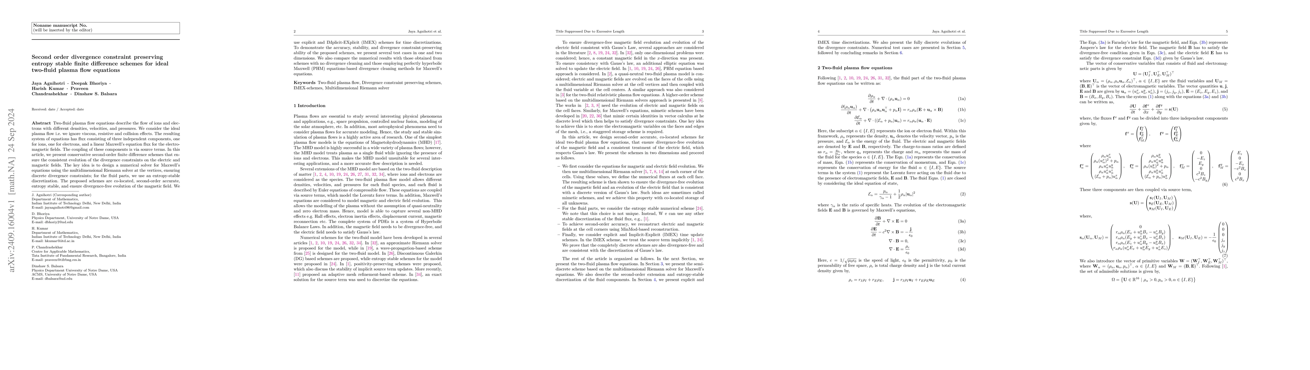 Thumbnail for Second order divergence constraint preserving entropy stable finite
  difference schemes for ideal two-fluid plasma flow equations