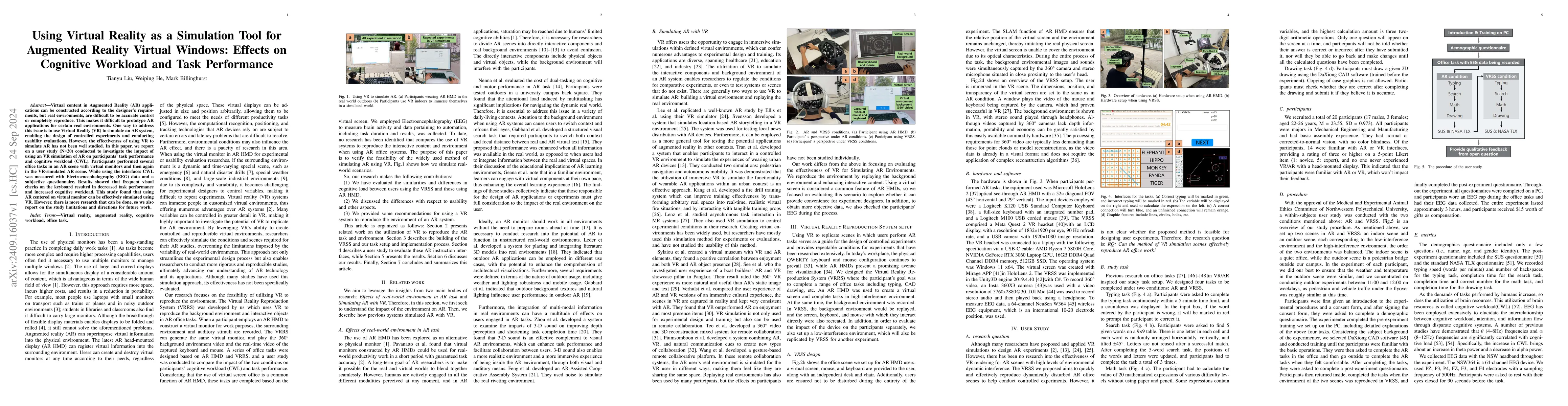 Thumbnail for Using Virtual Reality as a Simulation Tool for Augmented Reality Virtual
  Windows: Effects on Cognitive Workload and Task Performance