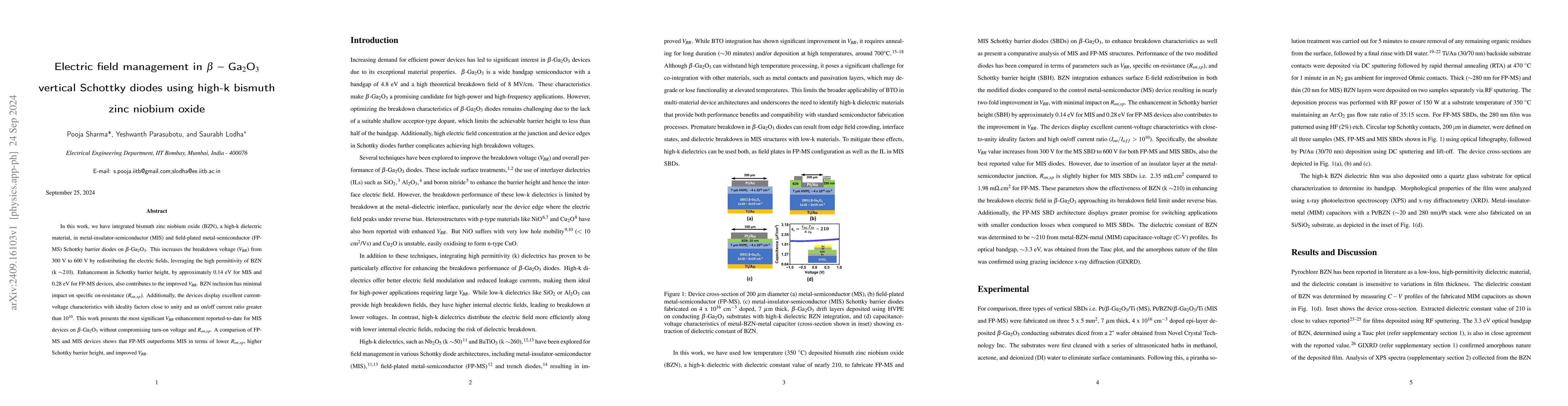 Thumbnail for Electric field management in $β$-$Ga_2O_3$ vertical Schottky diodes
  using high-k bismuth zinc niobium oxide
