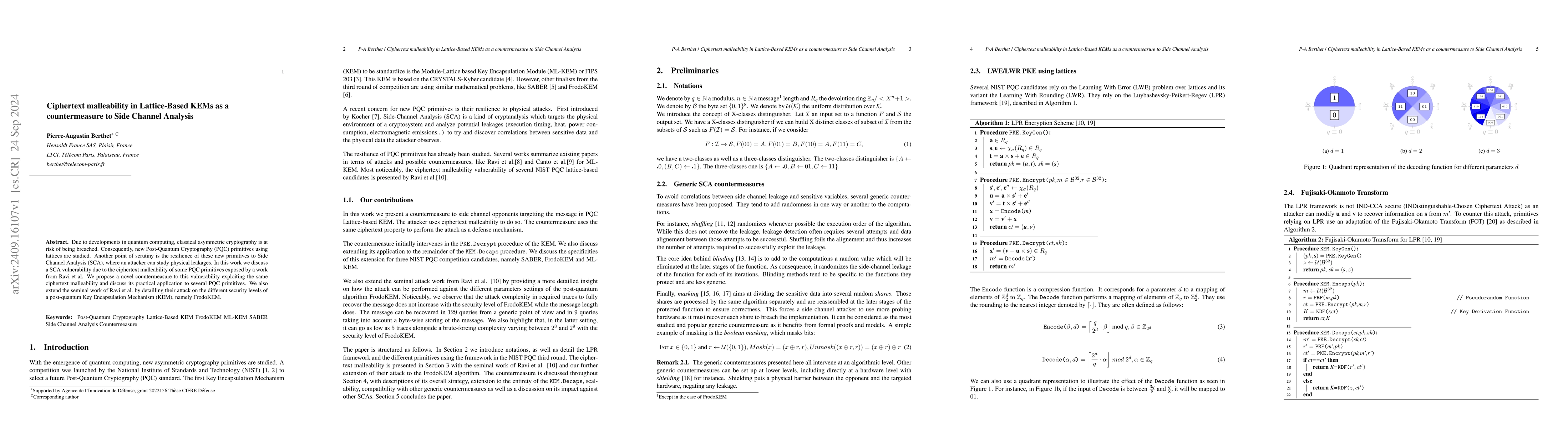 Thumbnail for Ciphertext Malleability in Lattice-Based KEMs as a Countermeasure to
  Side Channel Analysis
