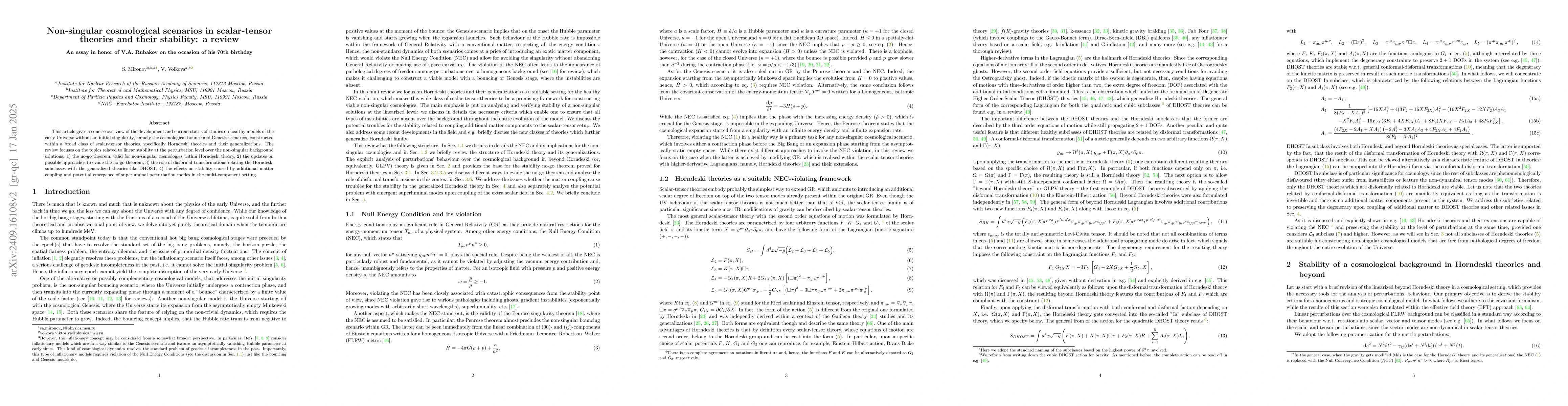 Thumbnail for Non-singular cosmological scenarios in scalar-tensor theories and their
  stability: a review