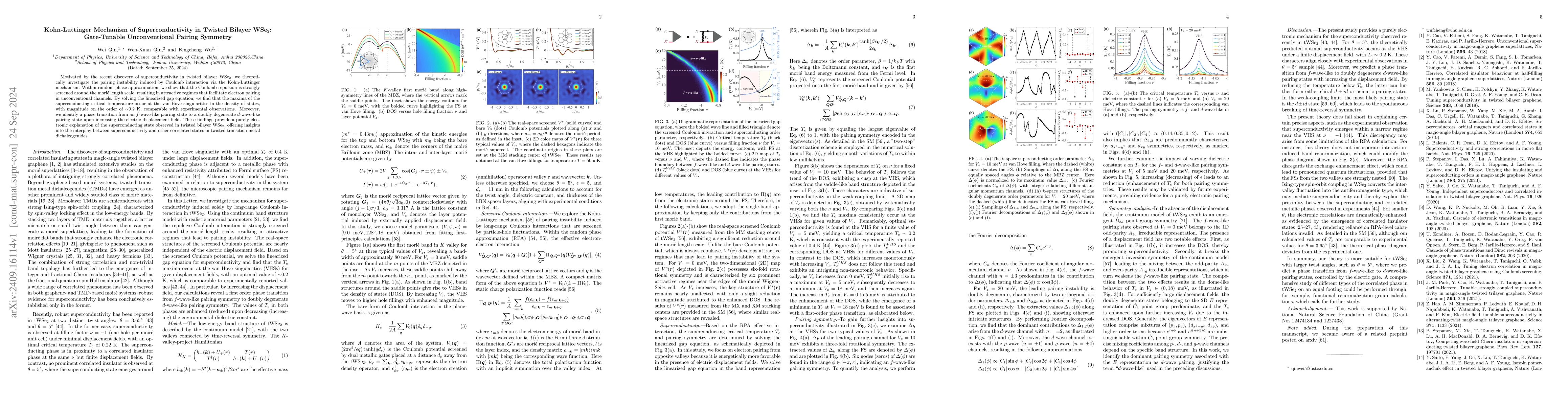 Thumbnail for Kohn-Luttinger Mechanism of Superconductivity in Twisted Bilayer
  WSe$_2$: Gate-Tunable Unconventional Pairing Symmetry