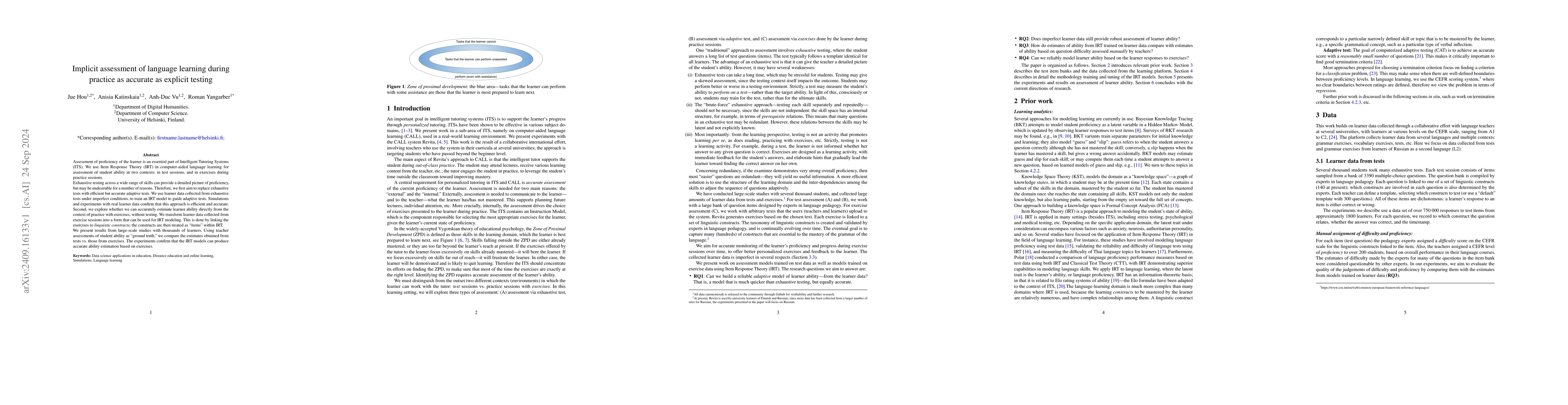 Thumbnail for Implicit assessment of language learning during practice as accurate as
  explicit testing