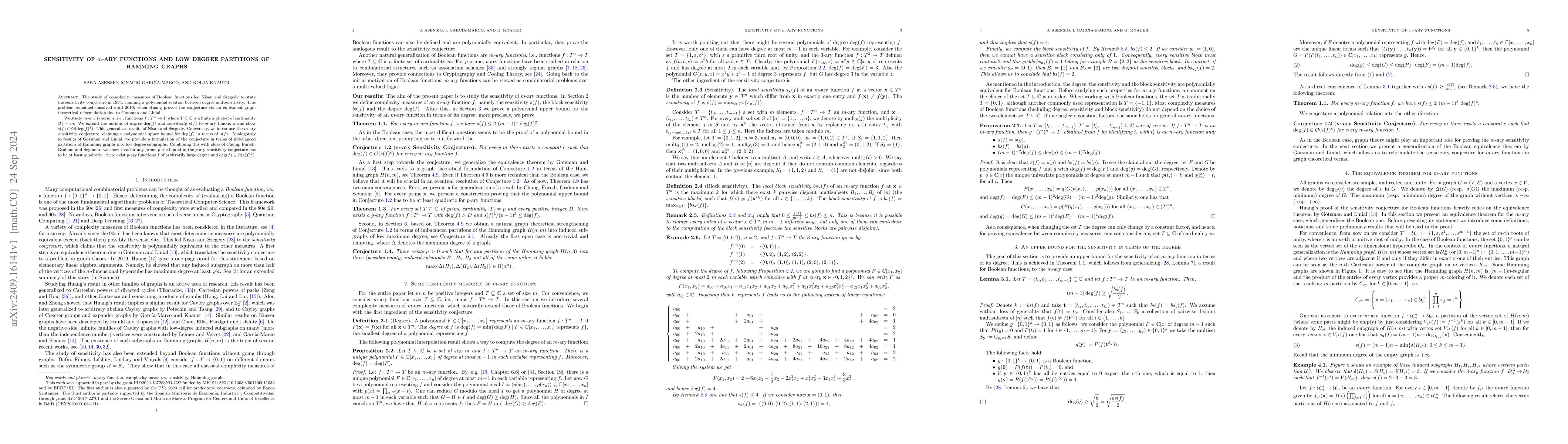 Thumbnail for Sensitivity of $m$-ary functions and low degree partitions of Hamming
  graphs