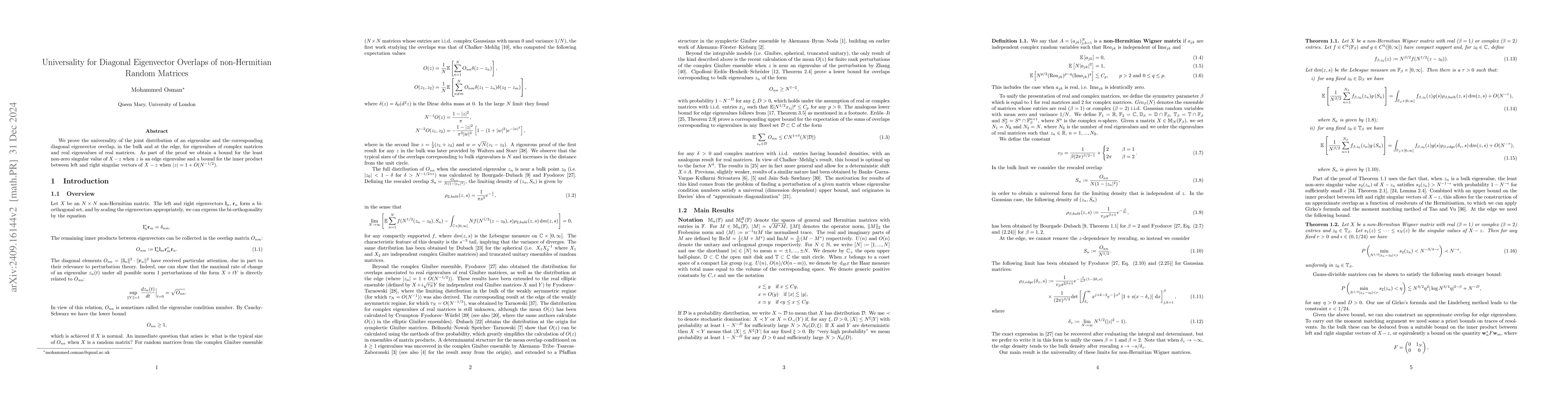 Thumbnail for Universality for Diagonal Eigenvector Overlaps of non-Hermitian Random
  Matrices