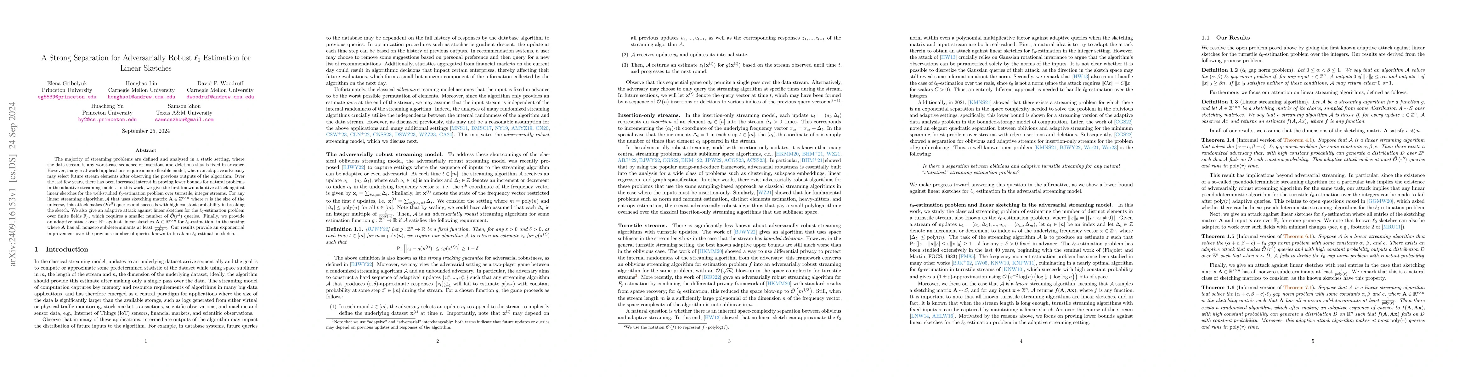 Thumbnail for A Strong Separation for Adversarially Robust $\ell_0$ Estimation for
  Linear Sketches