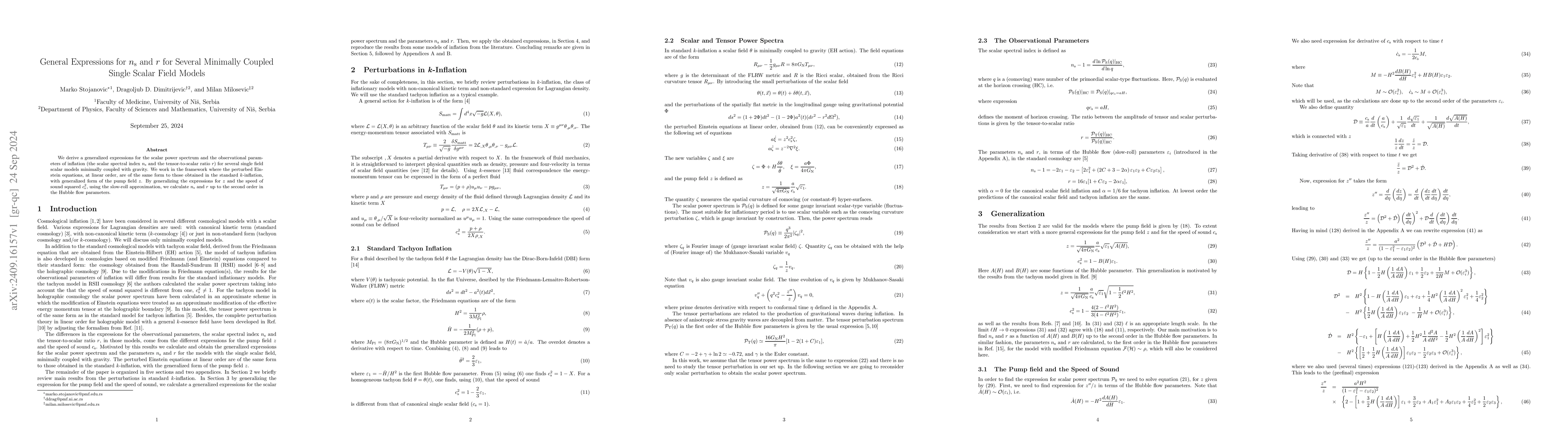 Thumbnail for General Expressions for $n_{\rm s}$ and $r$ for Several Minimally
  Coupled Single Scalar Field Models