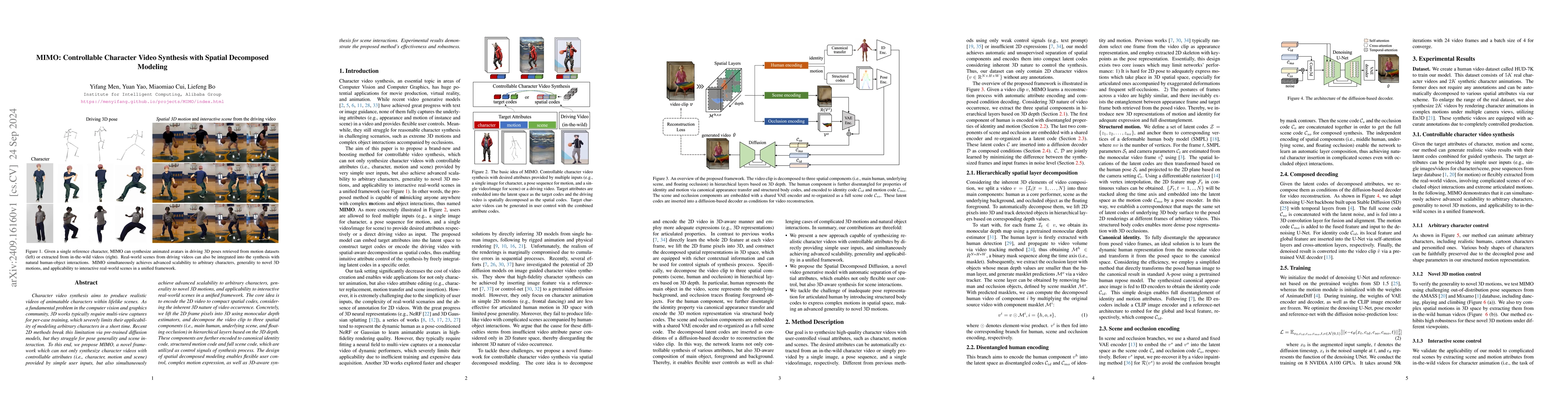 Thumbnail for MIMO: Controllable Character Video Synthesis with Spatial Decomposed
  Modeling