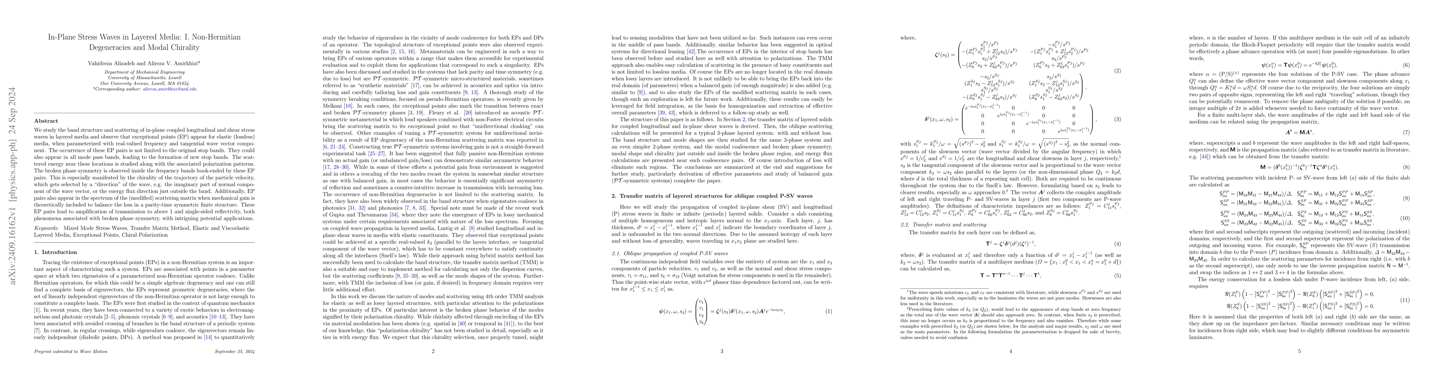 Thumbnail for In-Plane Stress Waves in Layered Media: I. Non-Hermitian Degeneracies
  and Modal Chirality