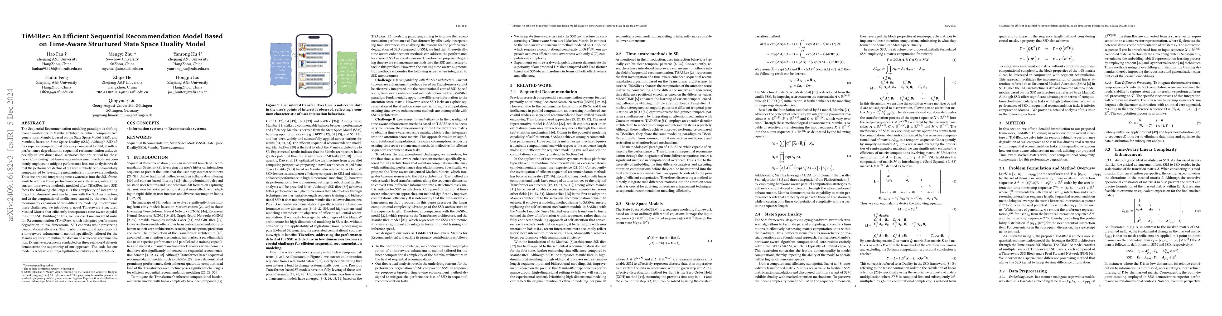 Thumbnail for TiM4Rec: An Efficient Sequential Recommendation Model Based on
  Time-Aware Structured State Space Duality Model