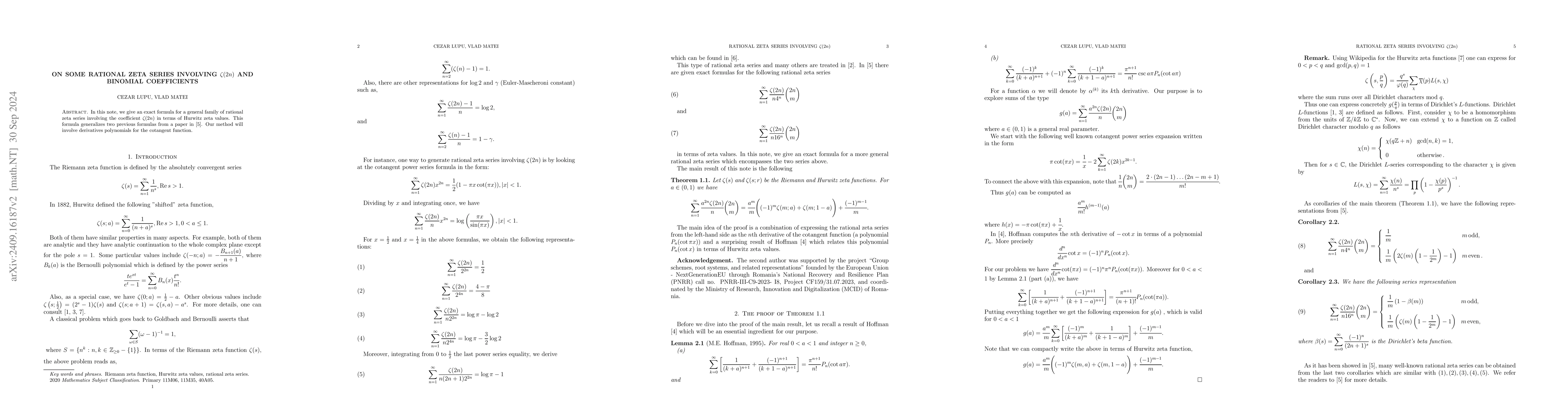 Thumbnail for On some rational zeta series involving $Îś(2n)$ and binomial
  coefficients