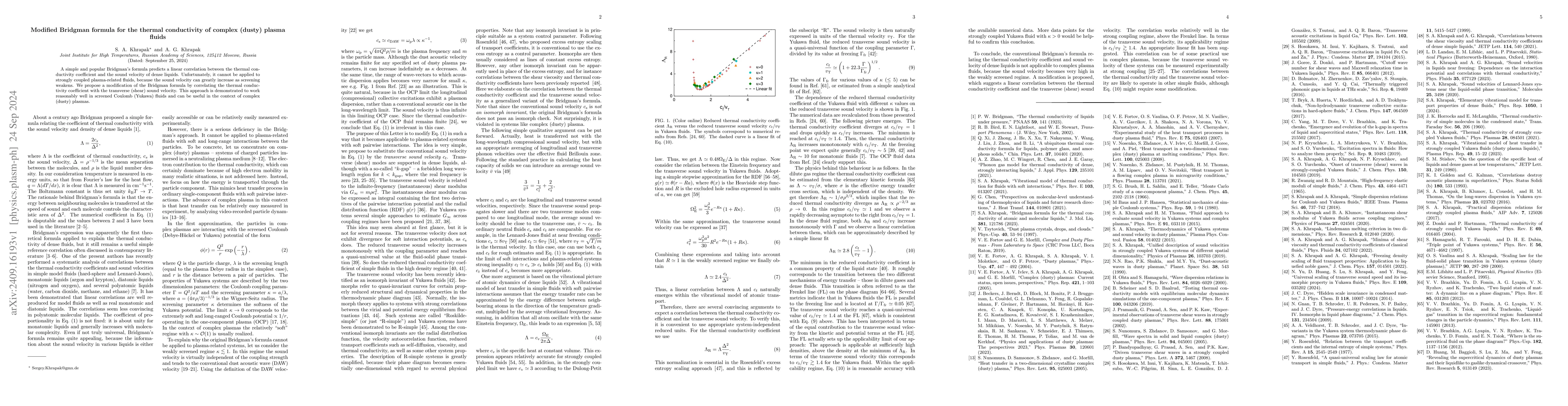 Thumbnail for Modified Bridgman formula for the thermal conductivity of complex
  (dusty) plasma fluids