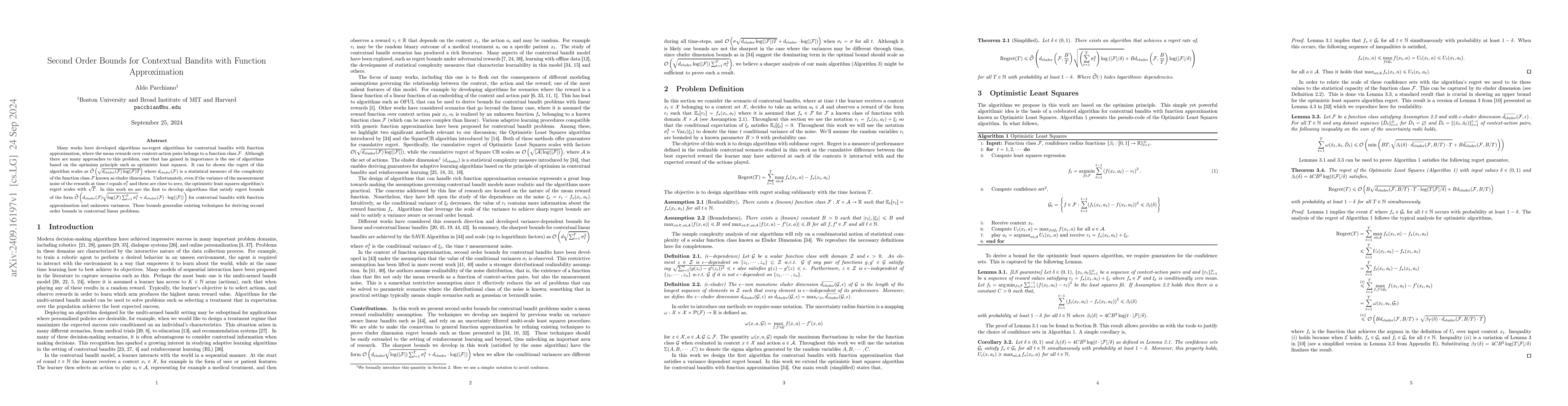 Thumbnail for Second Order Bounds for Contextual Bandits with Function Approximation