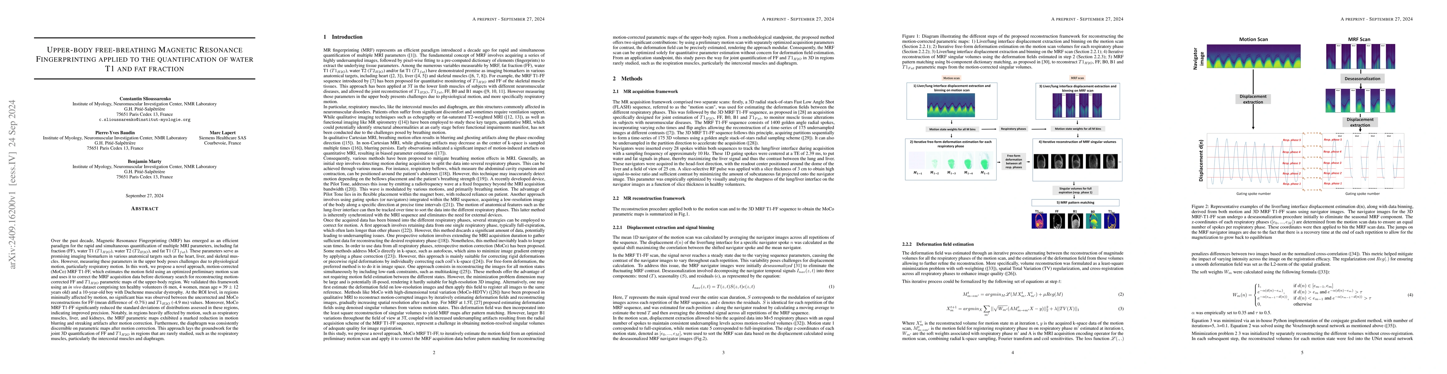 Thumbnail for Upper-body free-breathing Magnetic Resonance Fingerprinting applied to
  the quantification of water T1 and fat fraction