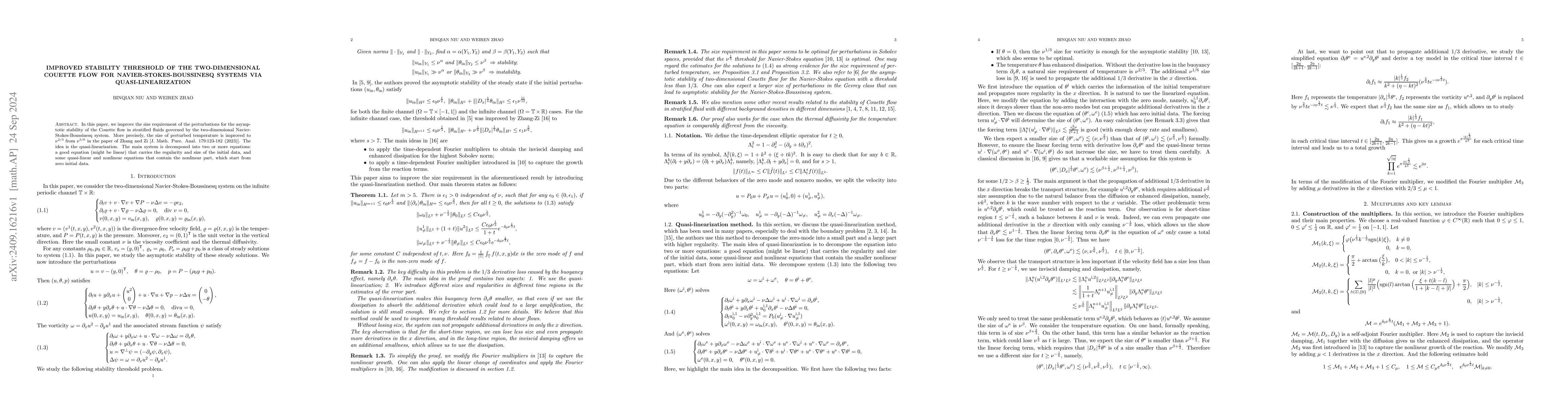 Thumbnail for Improved stability threshold of the Two-Dimensional Couette flow for
  Navier-Stokes-Boussinesq Systems via quasi-linearization