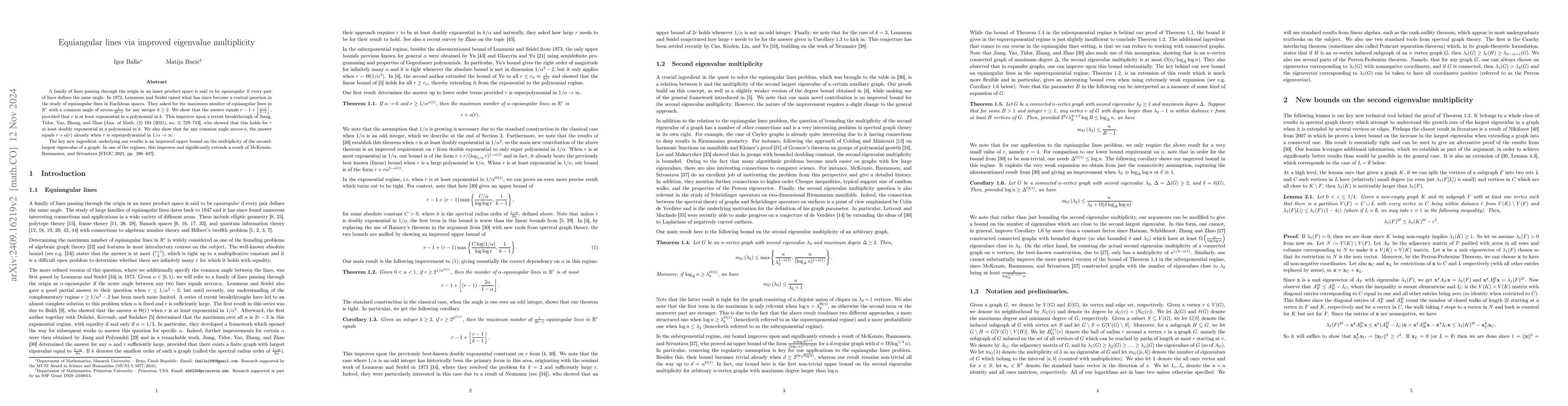 Thumbnail for Equiangular lines via improved eigenvalue multiplicity