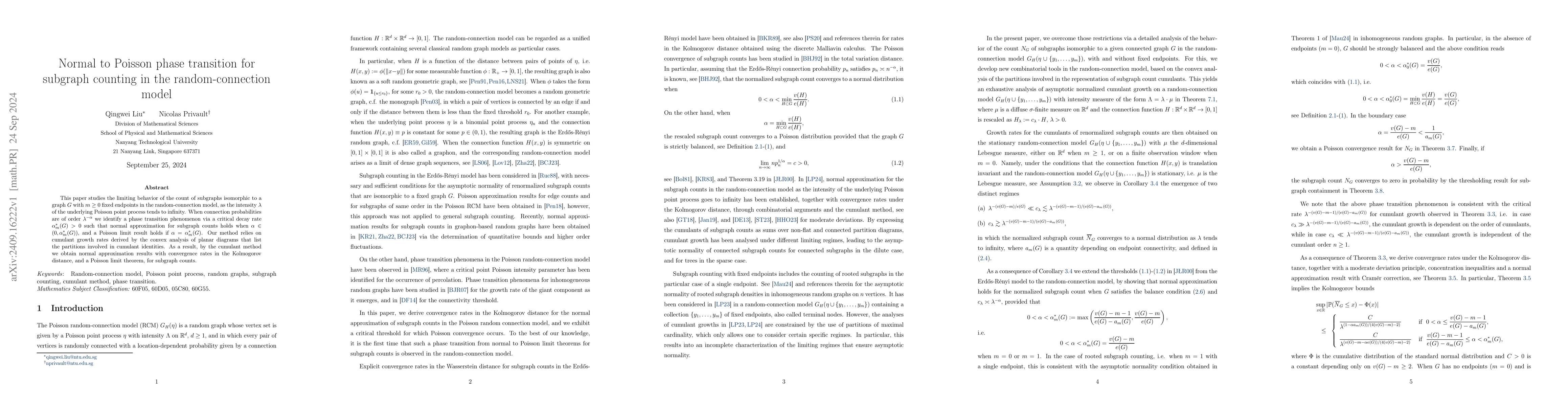 Thumbnail for Normal to Poisson phase transition for subgraph counting in the
  random-connection model
