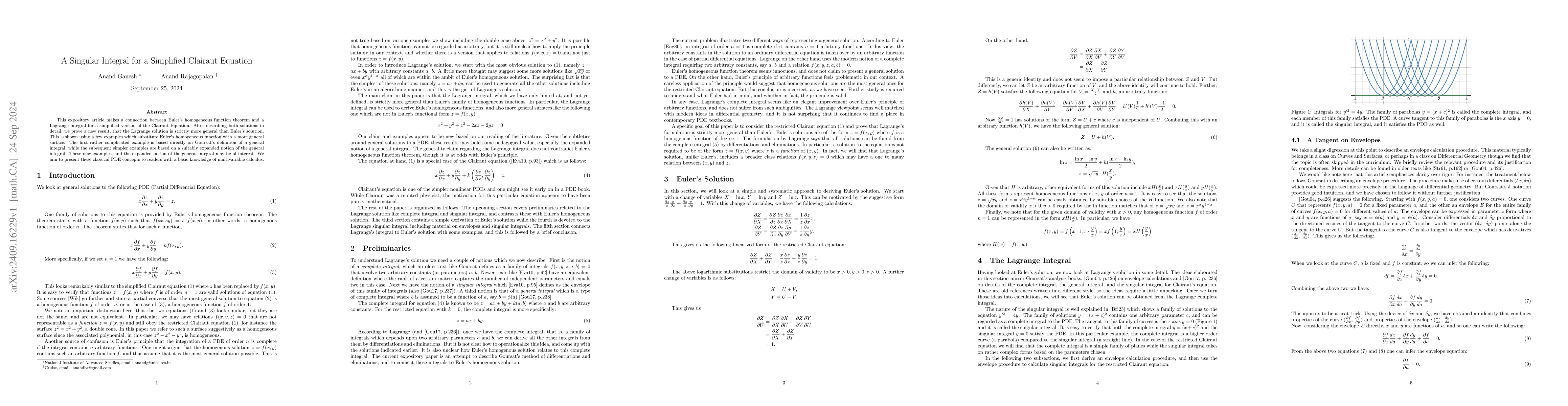 Thumbnail for A Singular Integral for a Simplified Clairaut Equation
