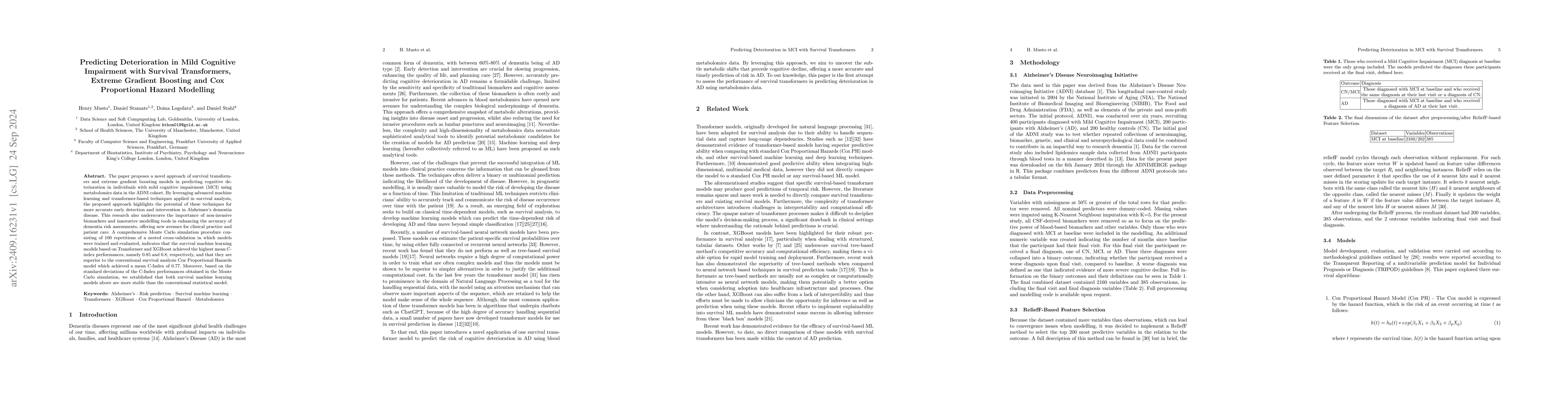 Thumbnail for Predicting Deterioration in Mild Cognitive Impairment with Survival
  Transformers, Extreme Gradient Boosting and Cox Proportional Hazard Modelling