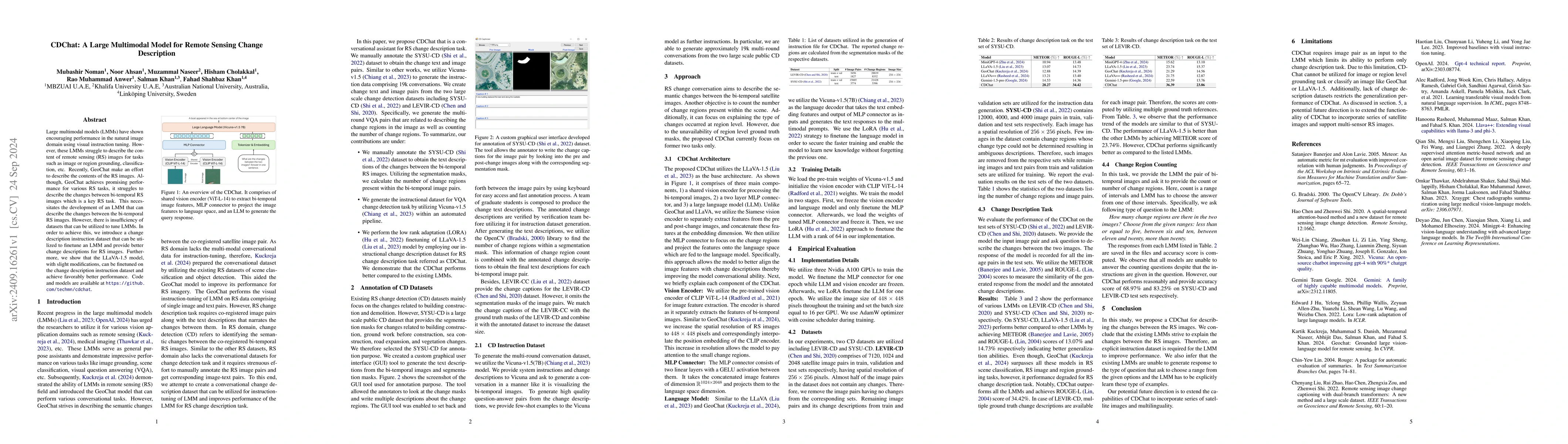 Thumbnail for CDChat: A Large Multimodal Model for Remote Sensing Change Description