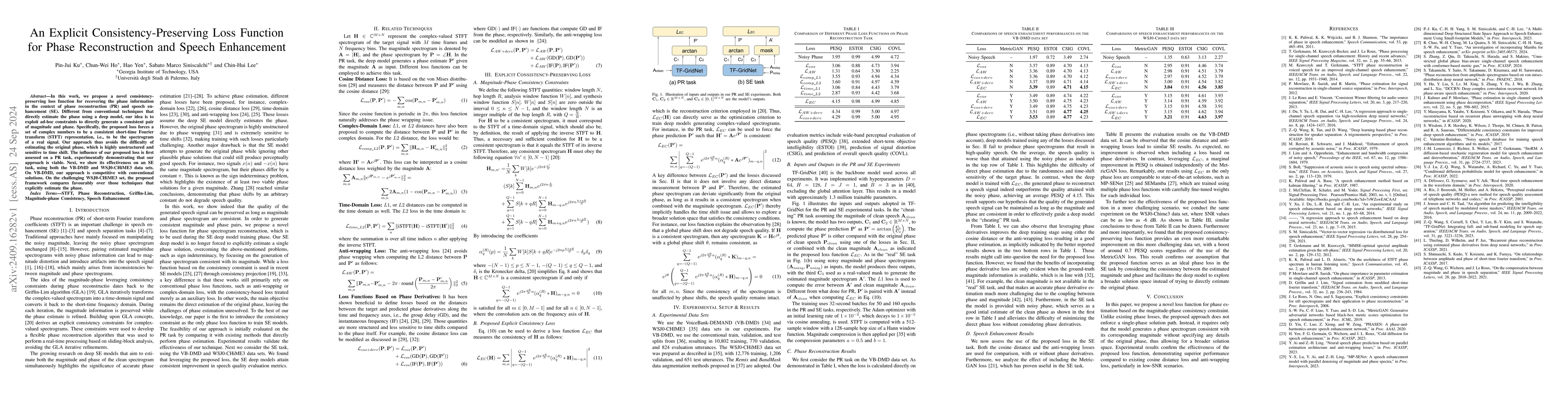 Thumbnail for An Explicit Consistency-Preserving Loss Function for Phase
  Reconstruction and Speech Enhancement