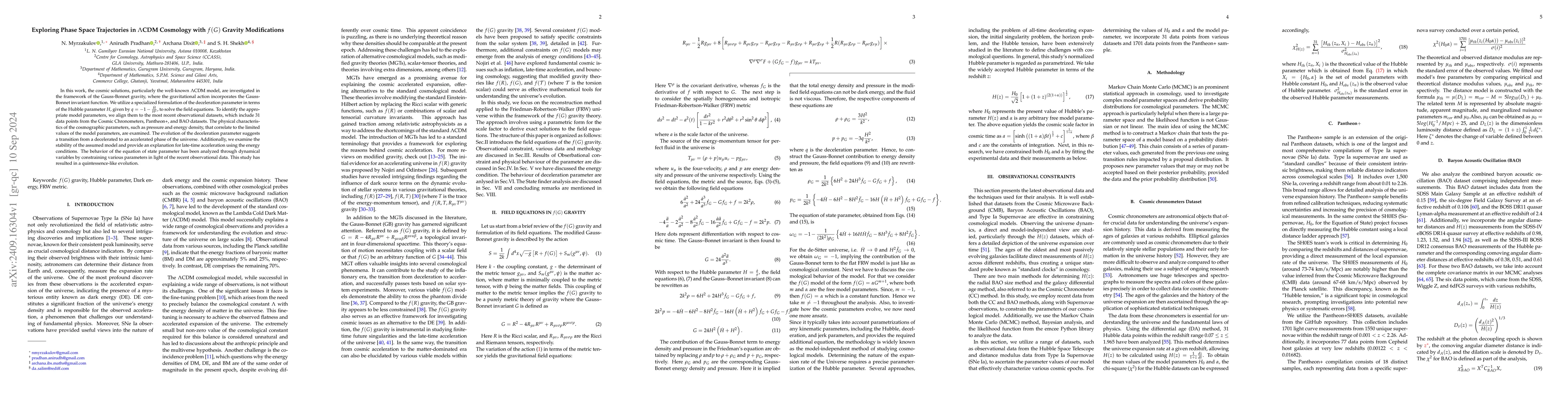 Thumbnail for Exploring Phase Space Trajectories in $Λ$CDM Cosmology with f(G)
  Gravity Modifications