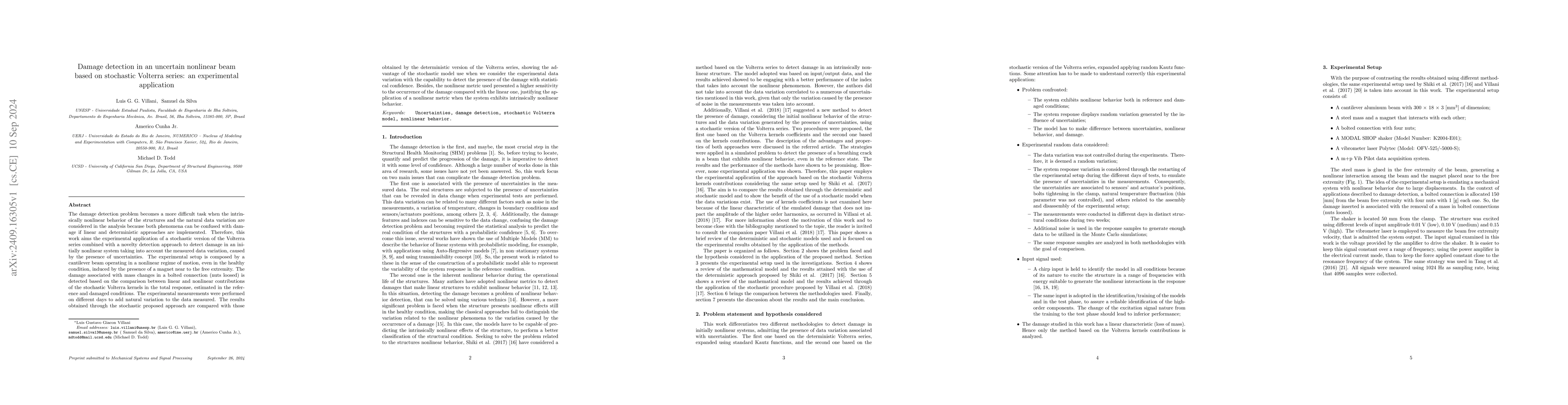 Thumbnail for Damage detection in an uncertain nonlinear beam based on stochastic
  Volterra series: an experimental application