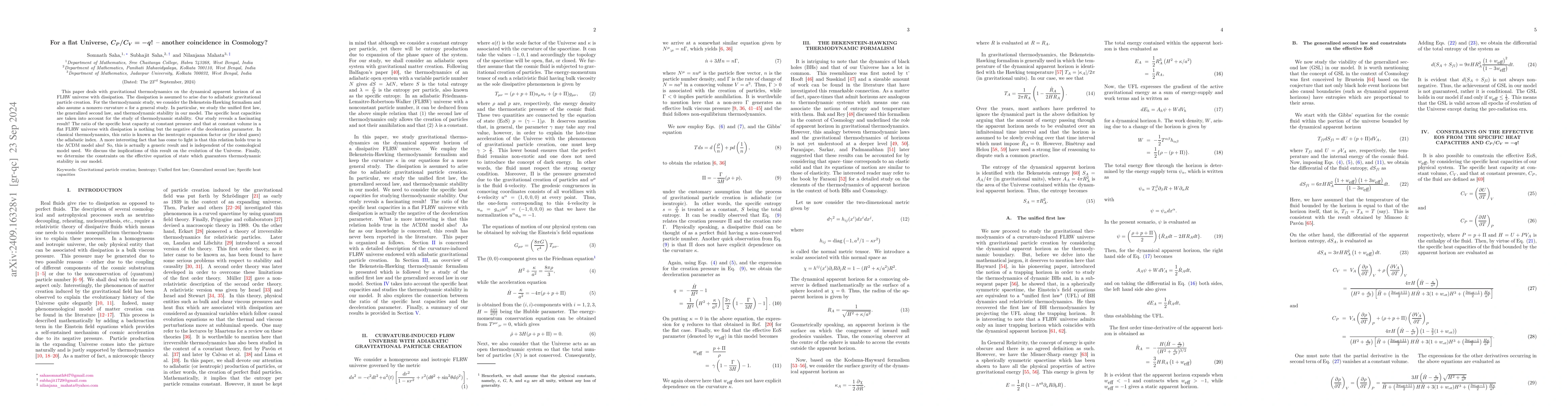 Thumbnail for For a flat Universe, $C_P/C_V=-q$! $-$ another coincidence in Cosmology?