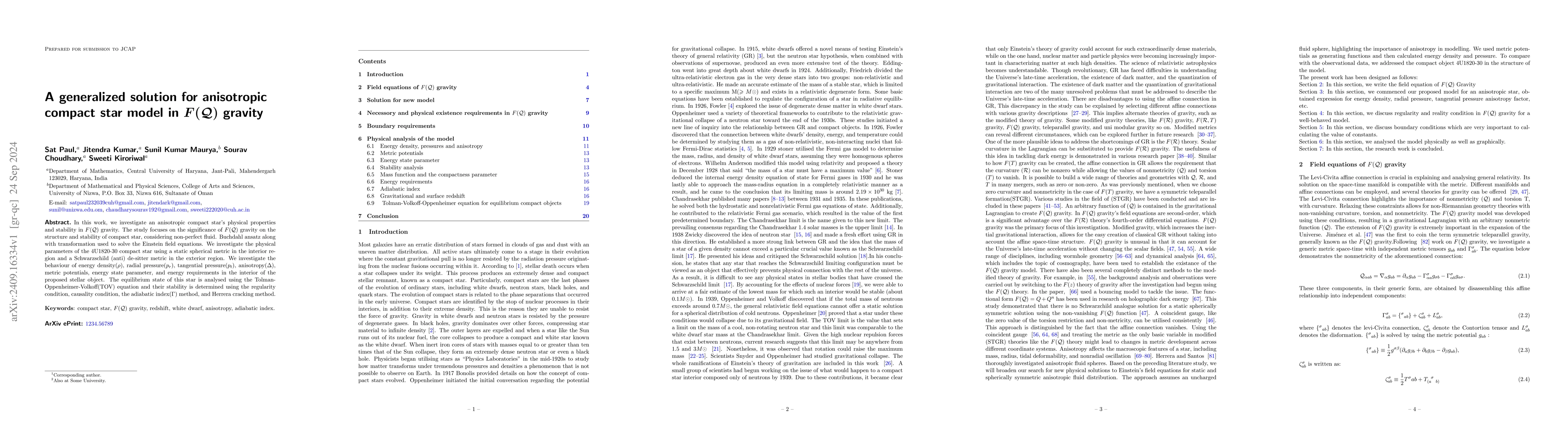 Thumbnail for A generalized solution for anisotropic compact star model in F(Q)
  gravity