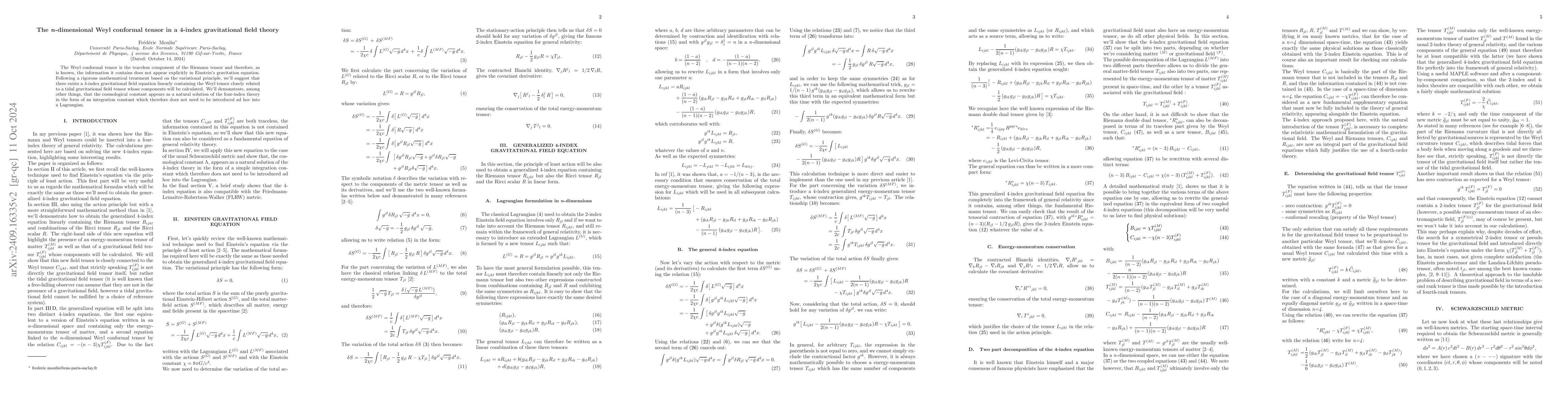 Thumbnail for The n-dimensional Weyl conformal tensor in a 4-index gravitational field
  theory