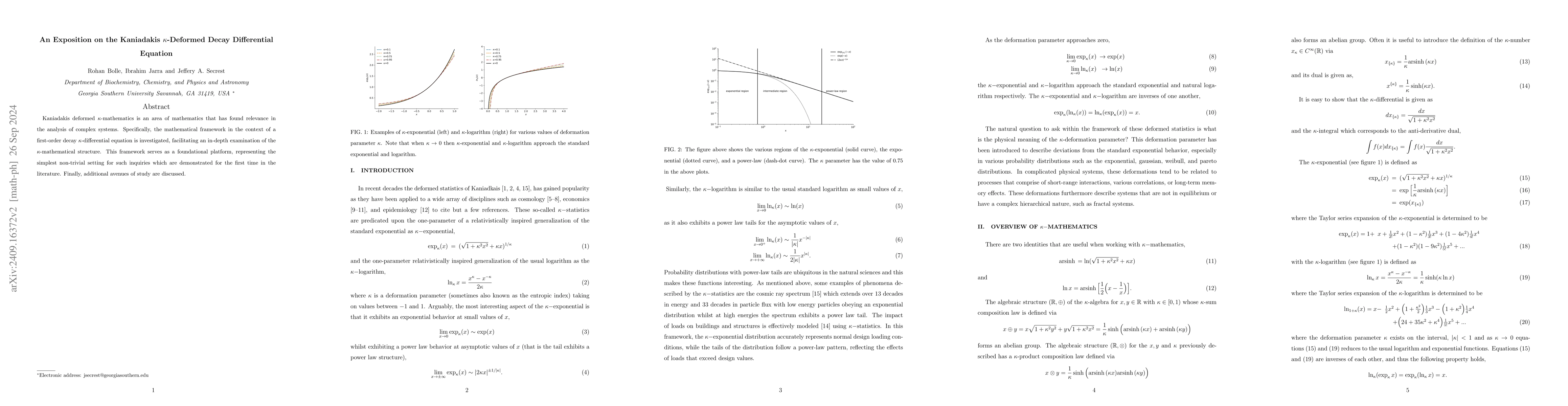 Thumbnail for An Exposition on the Kaniadakis κ-Deformed Decay Differential
  Equation