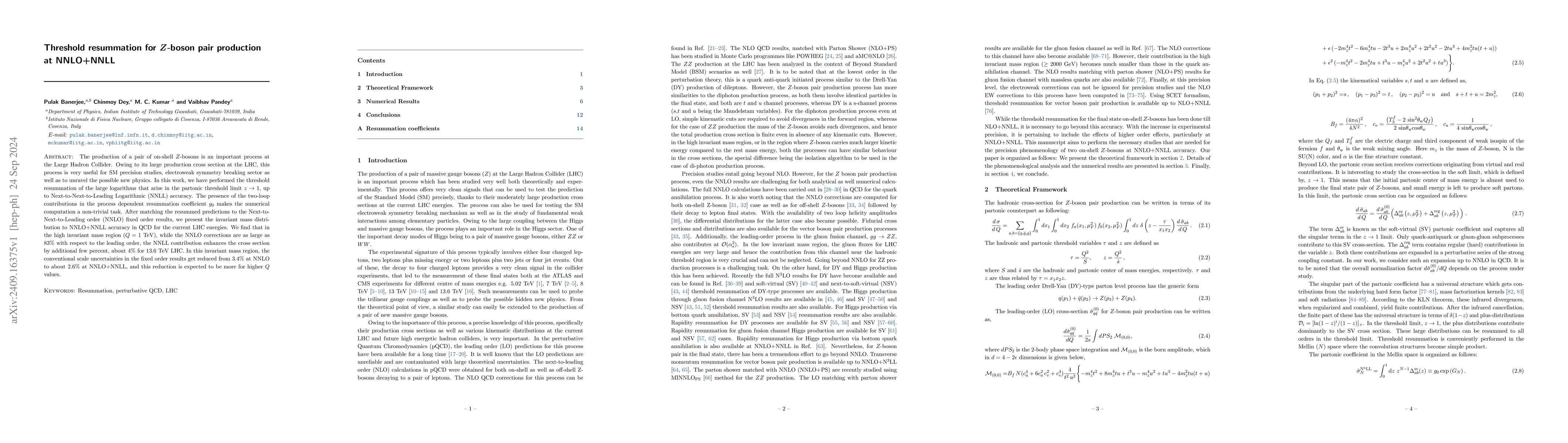 Thumbnail for Threshold resummation for $Z$-boson pair production at NNLO+NNLL