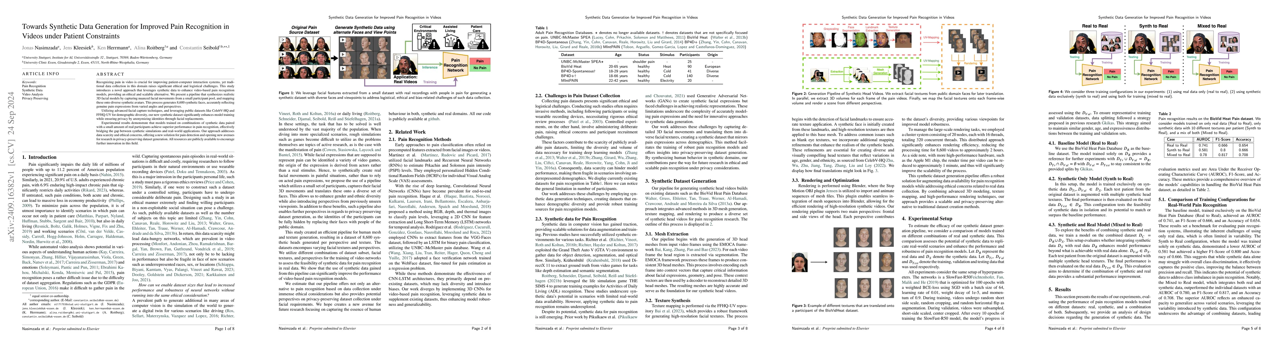 Thumbnail for Towards Synthetic Data Generation for Improved Pain Recognition in
  Videos under Patient Constraints