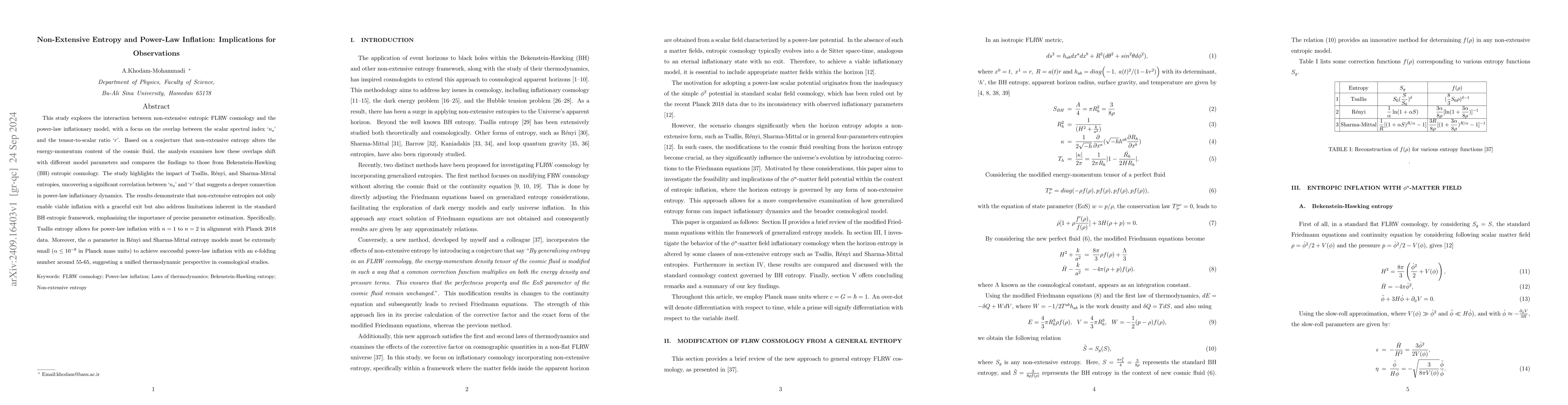 Thumbnail for Non-Extensive Entropy and Power-Law Inflation: Implications for
  Observations