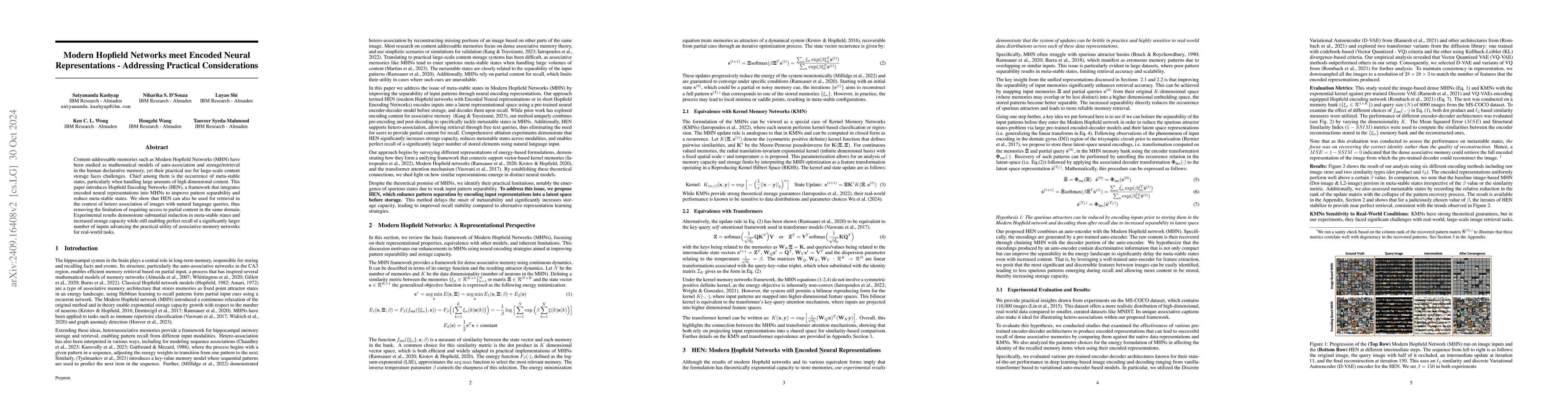 Thumbnail for Modern Hopfield Networks meet Encoded Neural Representations --
  Addressing Practical Considerations