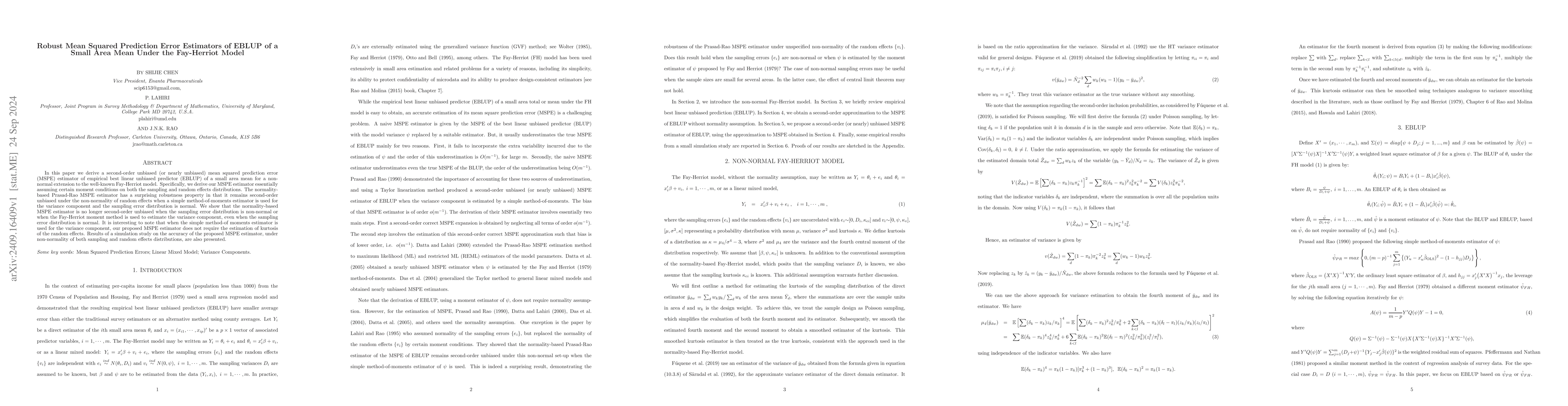 Thumbnail for Robust Mean Squared Prediction Error Estimators of EBLUP of a Small Area
  Mean Under the Fay-Herriot Model