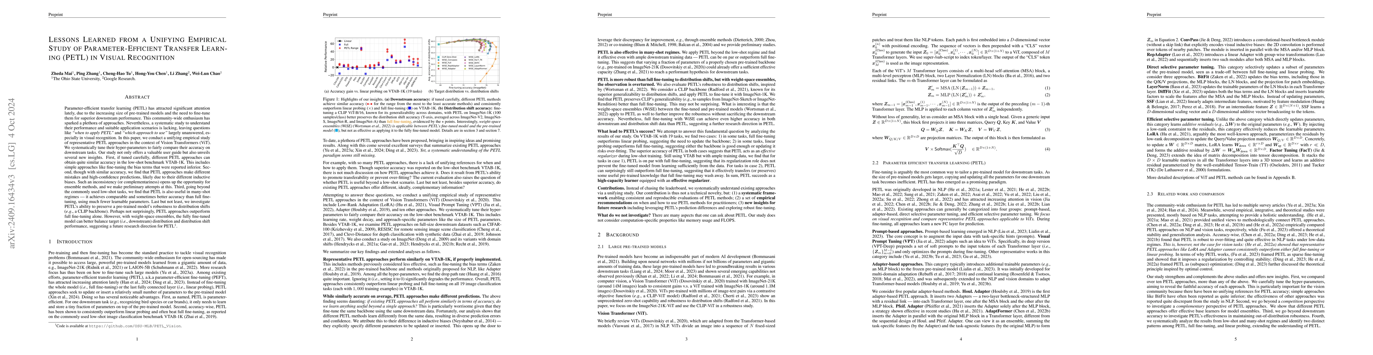 Thumbnail for Lessons Learned from a Unifying Empirical Study of Parameter-Efficient
  Transfer Learning (PETL) in Visual Recognition