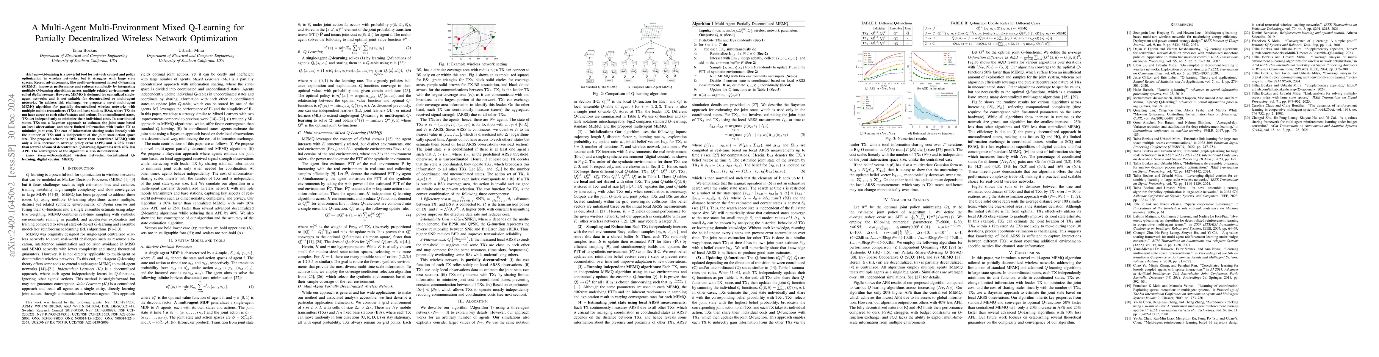Thumbnail for A Multi-Agent Multi-Environment Mixed Q-Learning for Partially
  Decentralized Wireless Network Optimization