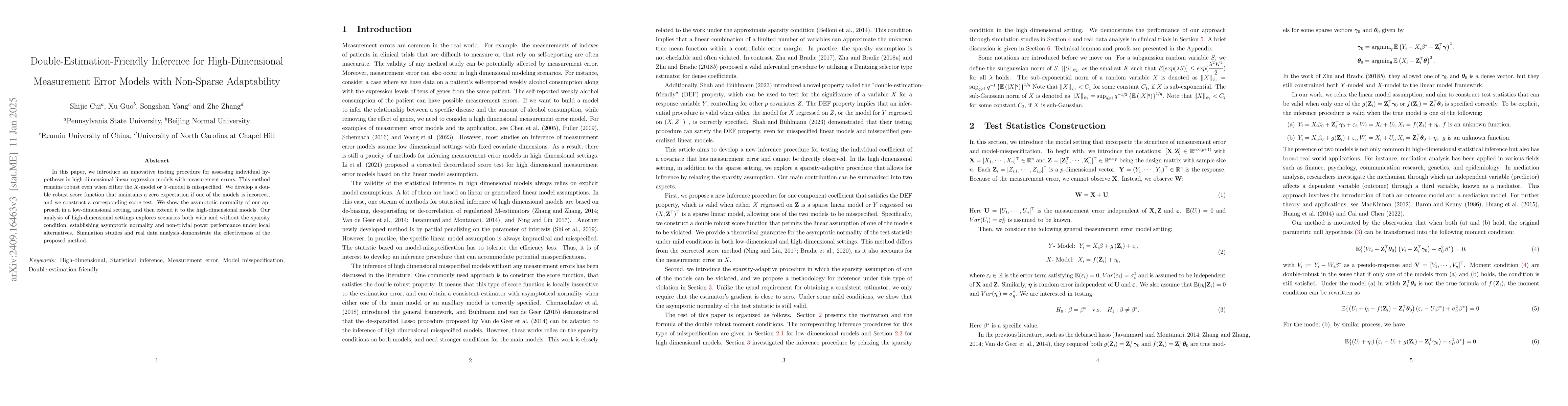 Thumbnail for Double-Estimation-Friendly Inference for High Dimensional Misspecified
  Measurement Error Models