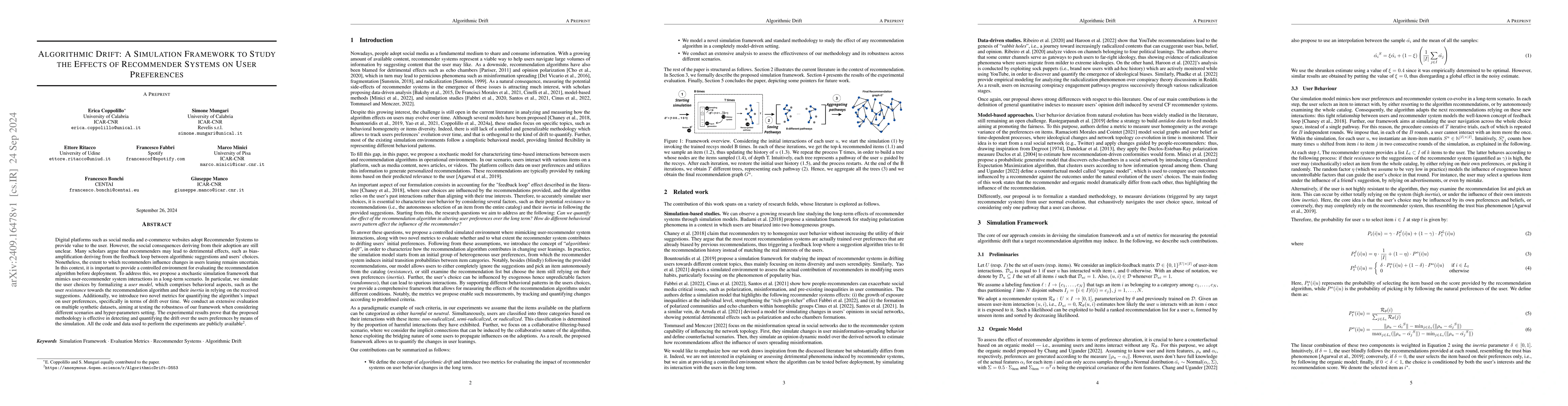 Thumbnail for Algorithmic Drift: A Simulation Framework to Study the Effects of
  Recommender Systems on User Preferences