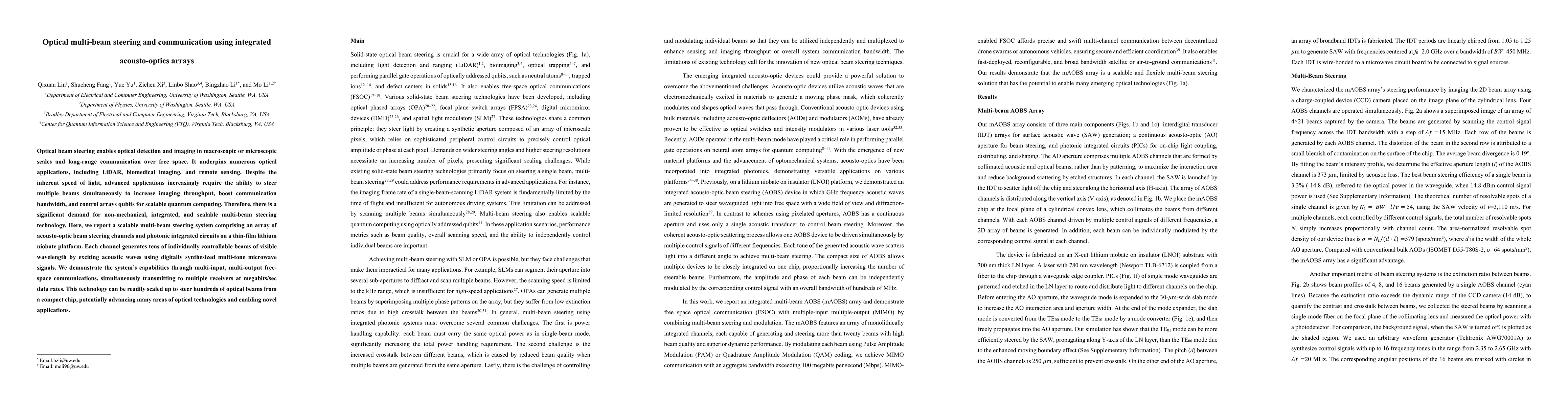 Thumbnail for Optical multi-beam steering and communication using integrated
  acousto-optics arrays