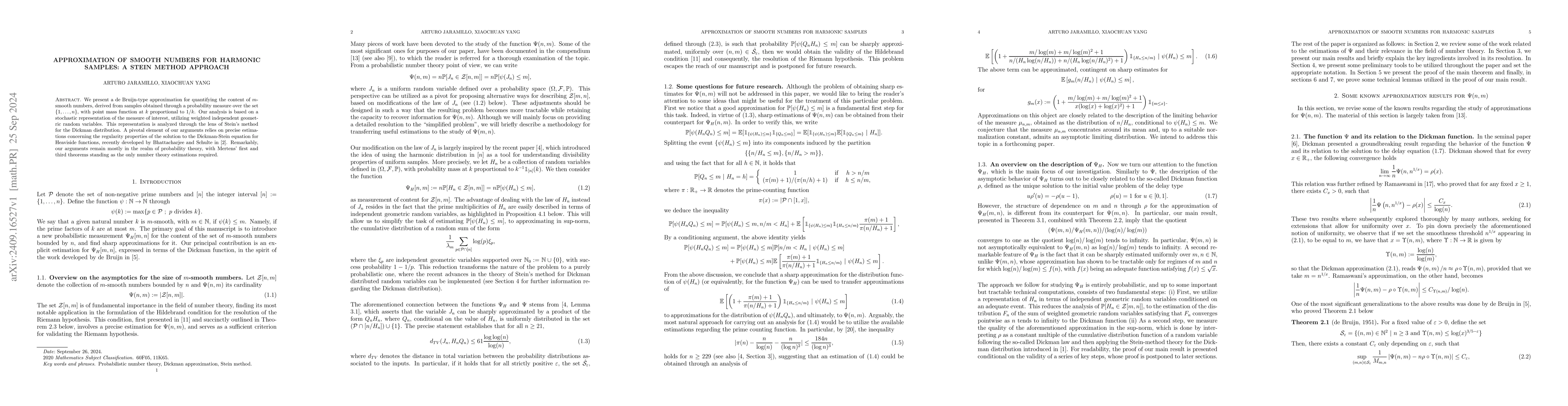 Thumbnail for Approximation of Smooth Numbers for Harmonic Samples A Stein method
  Approach